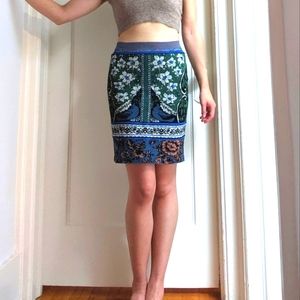 Anthropologie Moth Green and Blue Floral Pencil Skirt